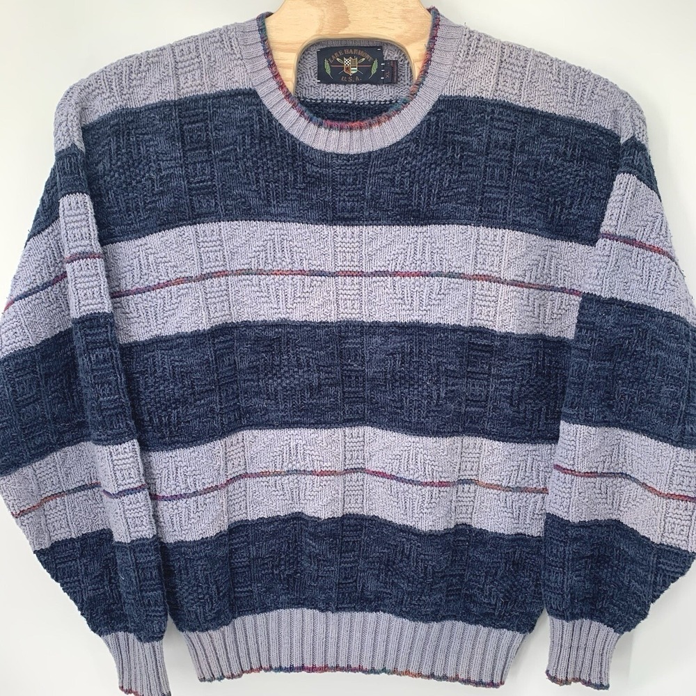 Lake Harmony Sweater Mens XL Blue Striped 3D Textured Knit 100% Cotton USA Made